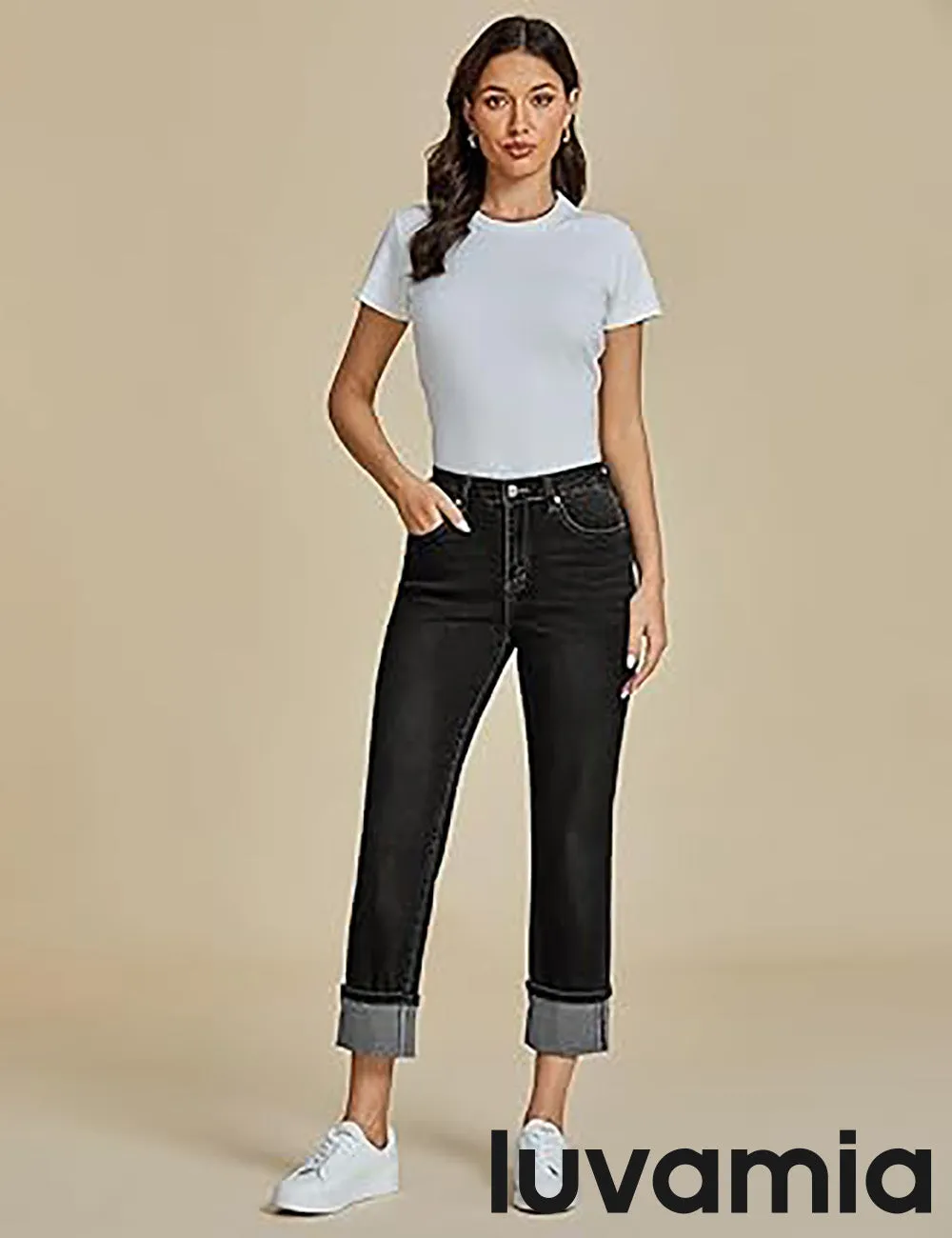 LUVAMIA Women's Skinny Jeans Pull on Slim Straight Cropped Straight Leg