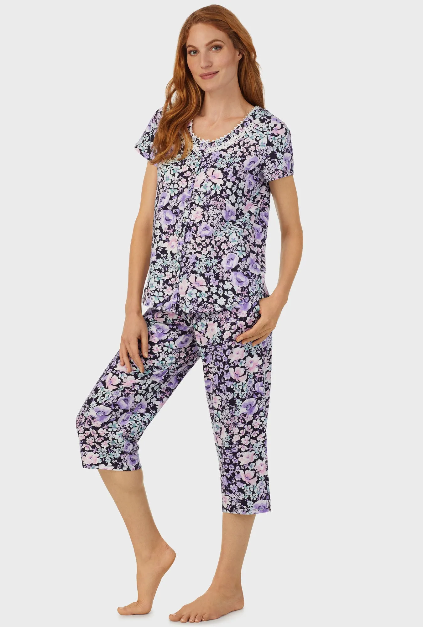 Midnight Blue Floral Short Sleeve Capri Pant PJ Set