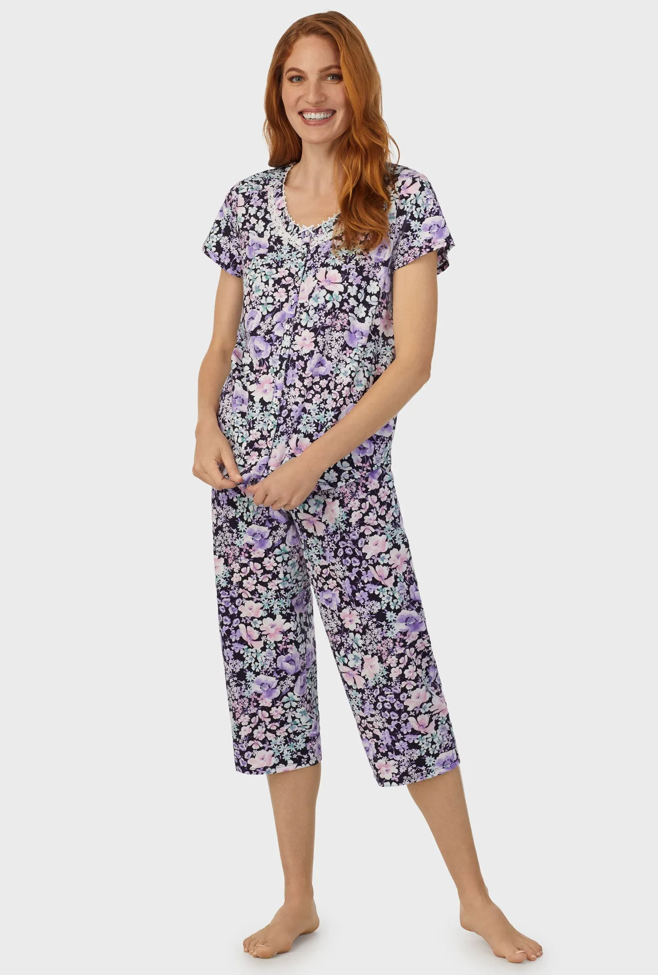 Midnight Blue Floral Short Sleeve Capri Pant PJ Set