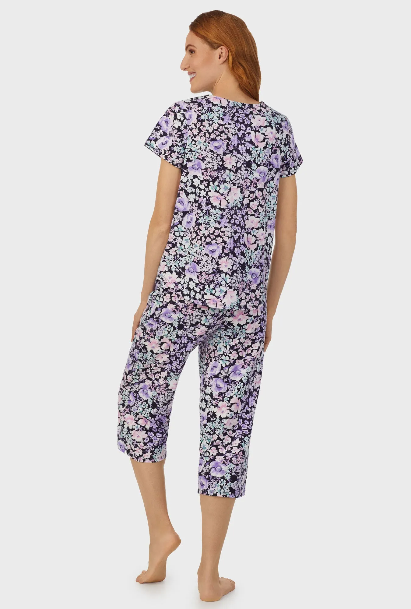 Midnight Blue Floral Short Sleeve Capri Pant PJ Set