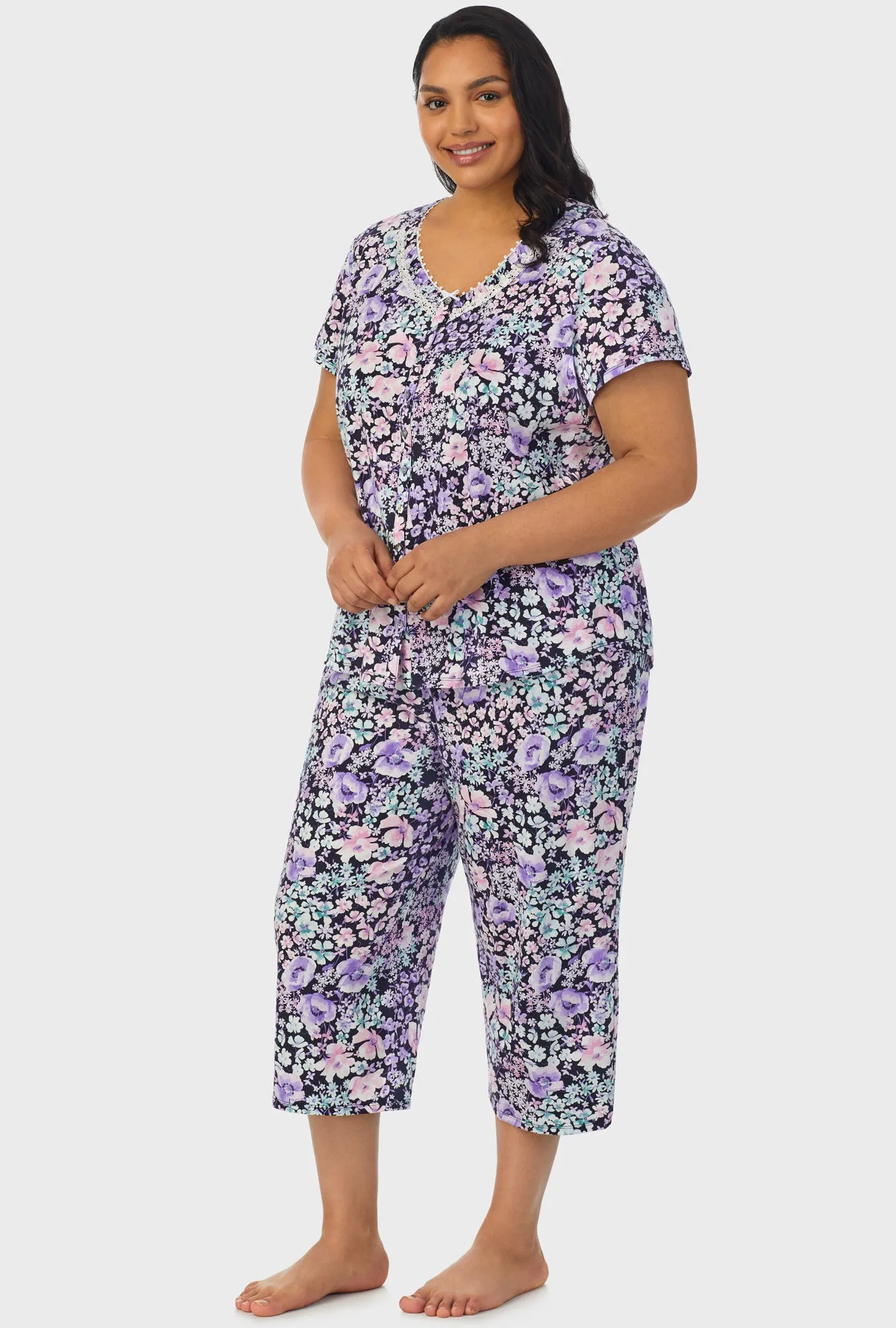 Midnight Blue Floral Short Sleeve Capri Pant PJ Set