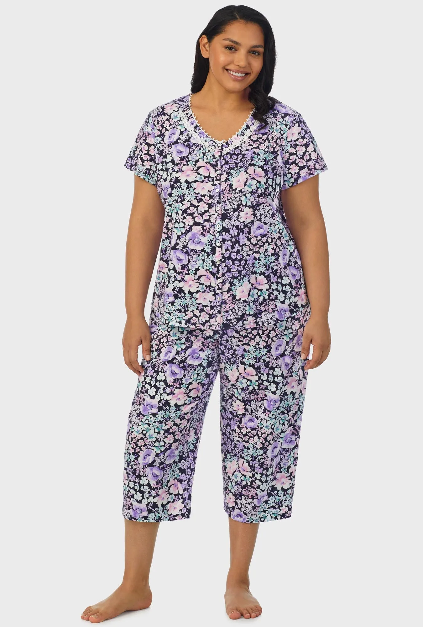 Midnight Blue Floral Short Sleeve Capri Pant PJ Set