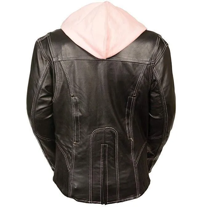 Milwaukee Leather Women's Reflective Tribal 3/4 Length Black/Pink Leather Jacket with Gun Pocket