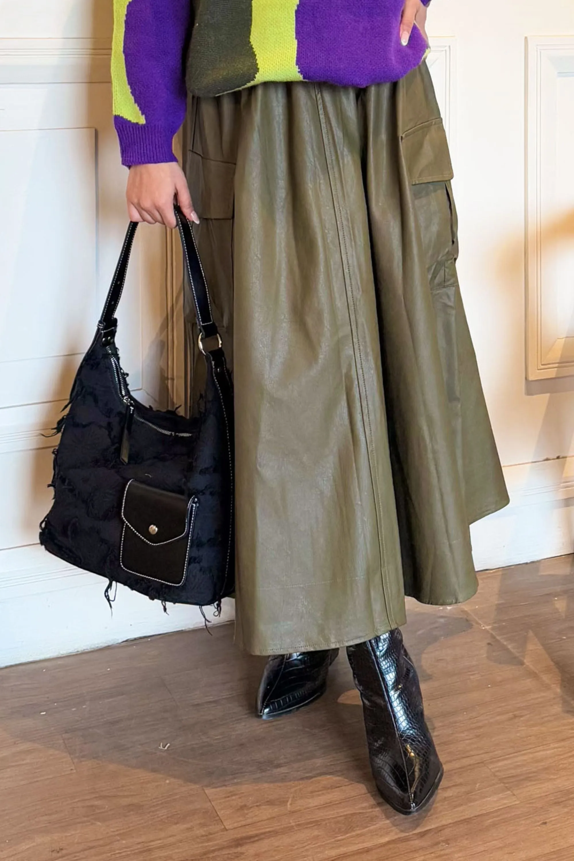 Moss Maven Faux Leather Cargo Skirt