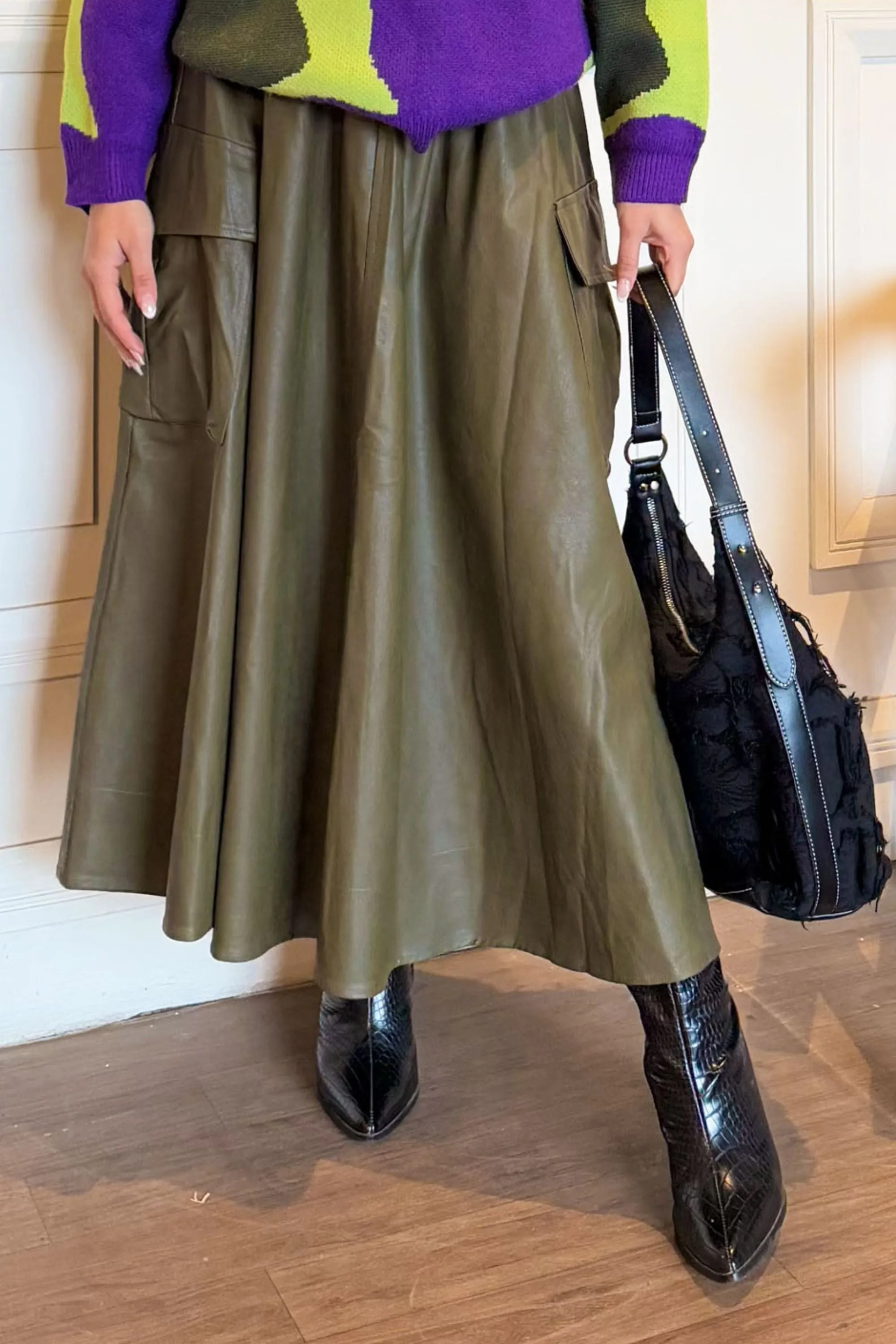 Moss Maven Faux Leather Cargo Skirt