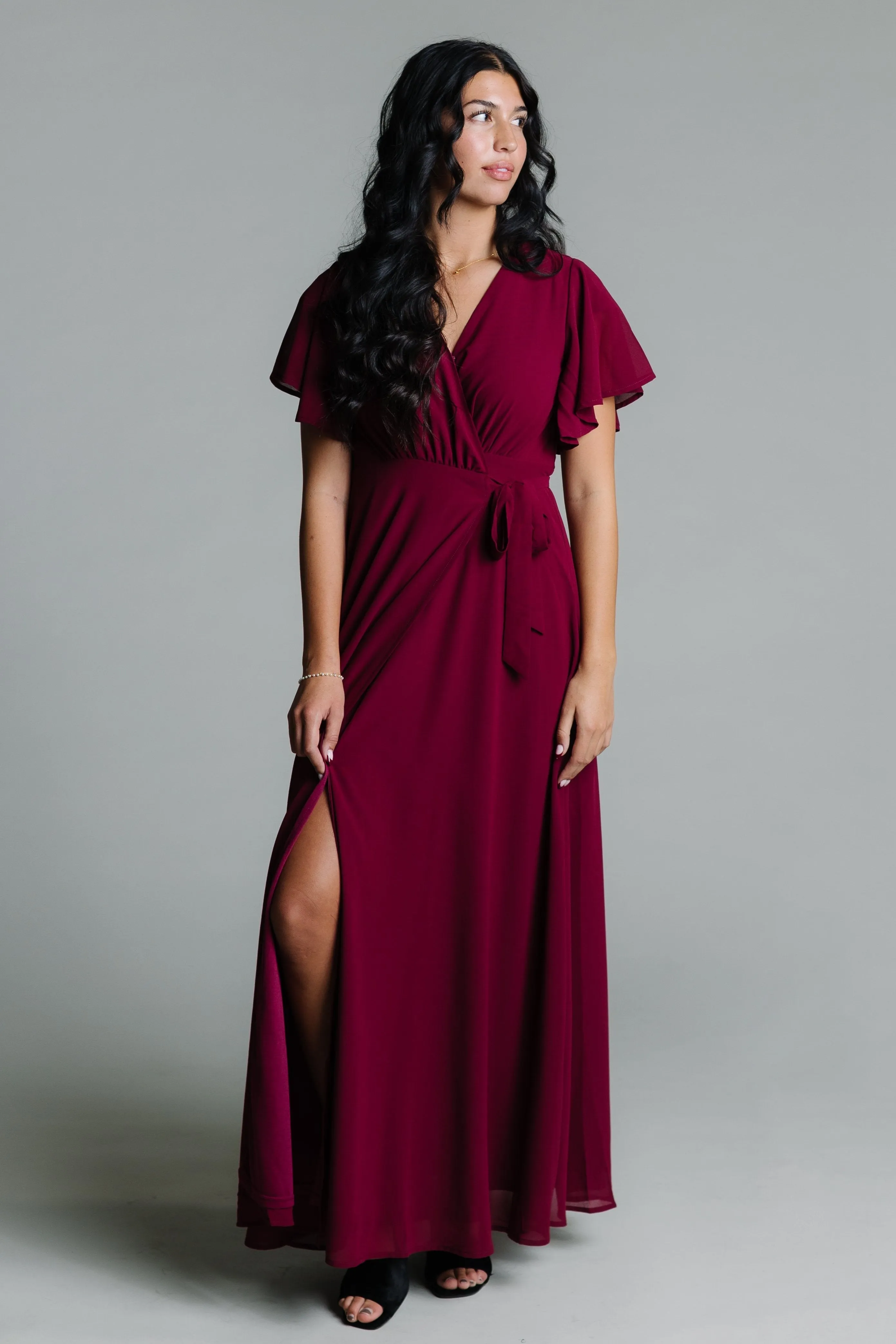 Naples Flutter Sleeve Wrap Maxi - Burgundy