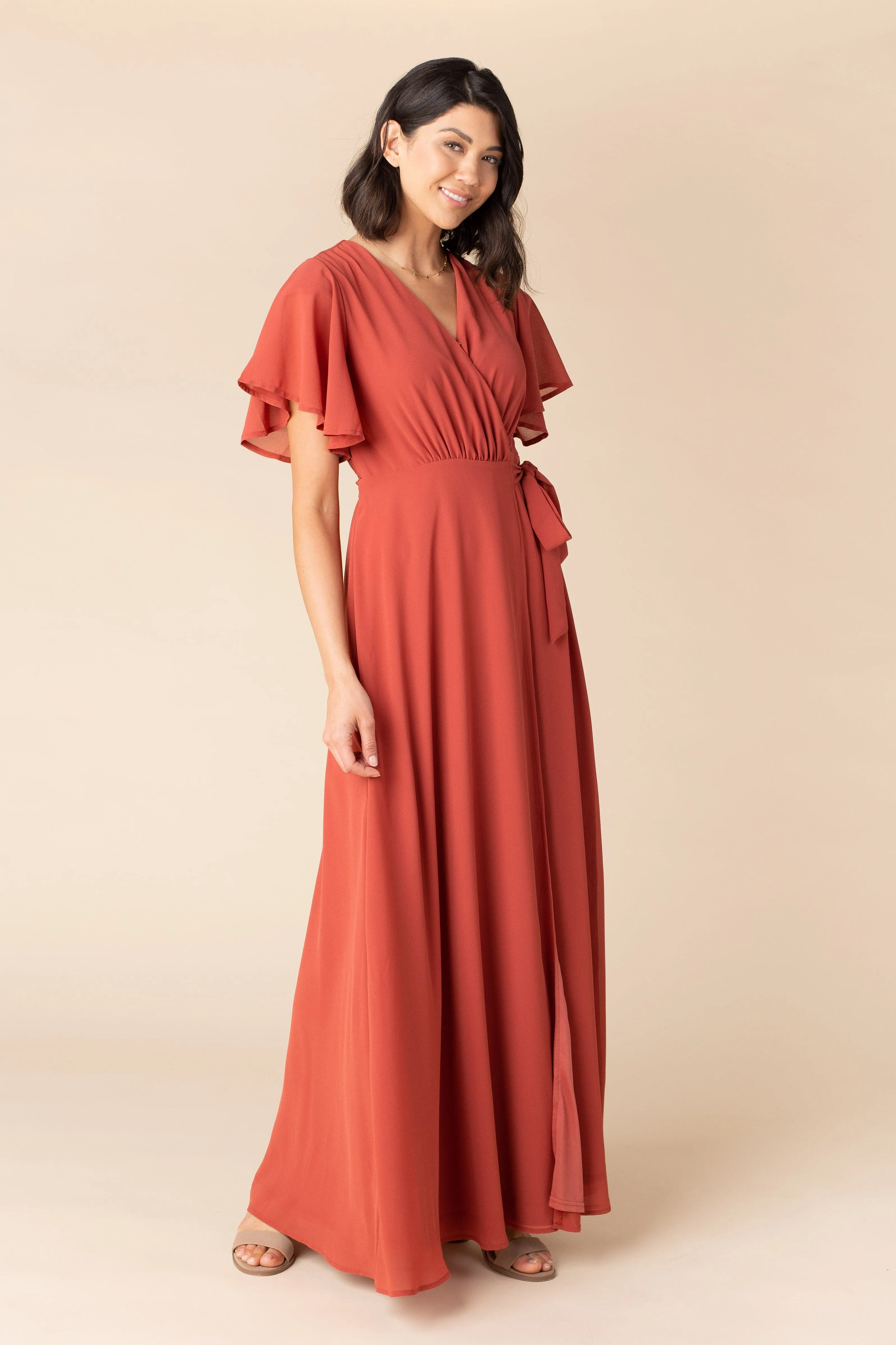 Naples Flutter Sleeve Wrap Maxi - Clay Red