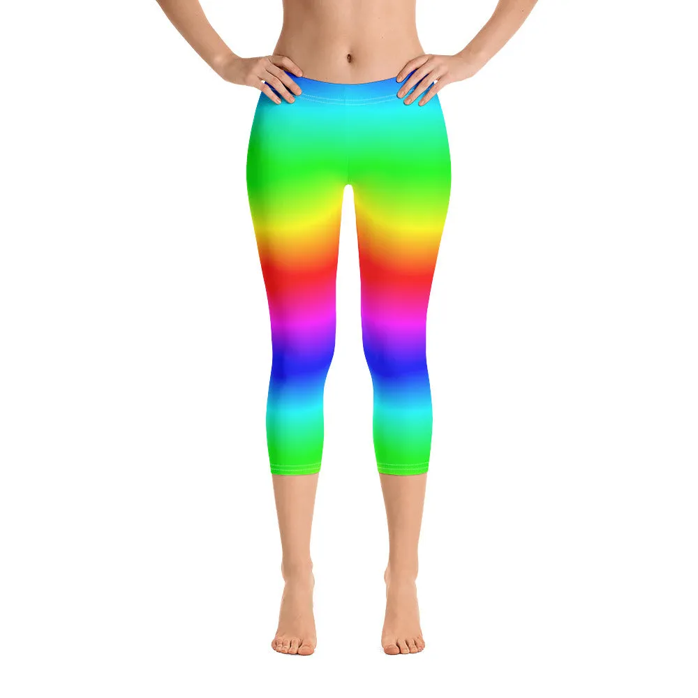 Neon Rainbow Capri Leggings, Tie Dye Kawaii Cropped Yoga Pants Printed Pride, Colorful Women Ombre Workout, Festival EDM