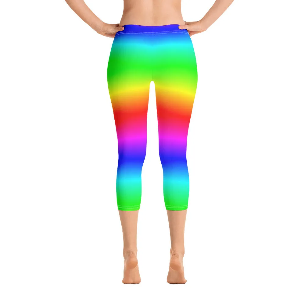 Neon Rainbow Capri Leggings, Tie Dye Kawaii Cropped Yoga Pants Printed Pride, Colorful Women Ombre Workout, Festival EDM