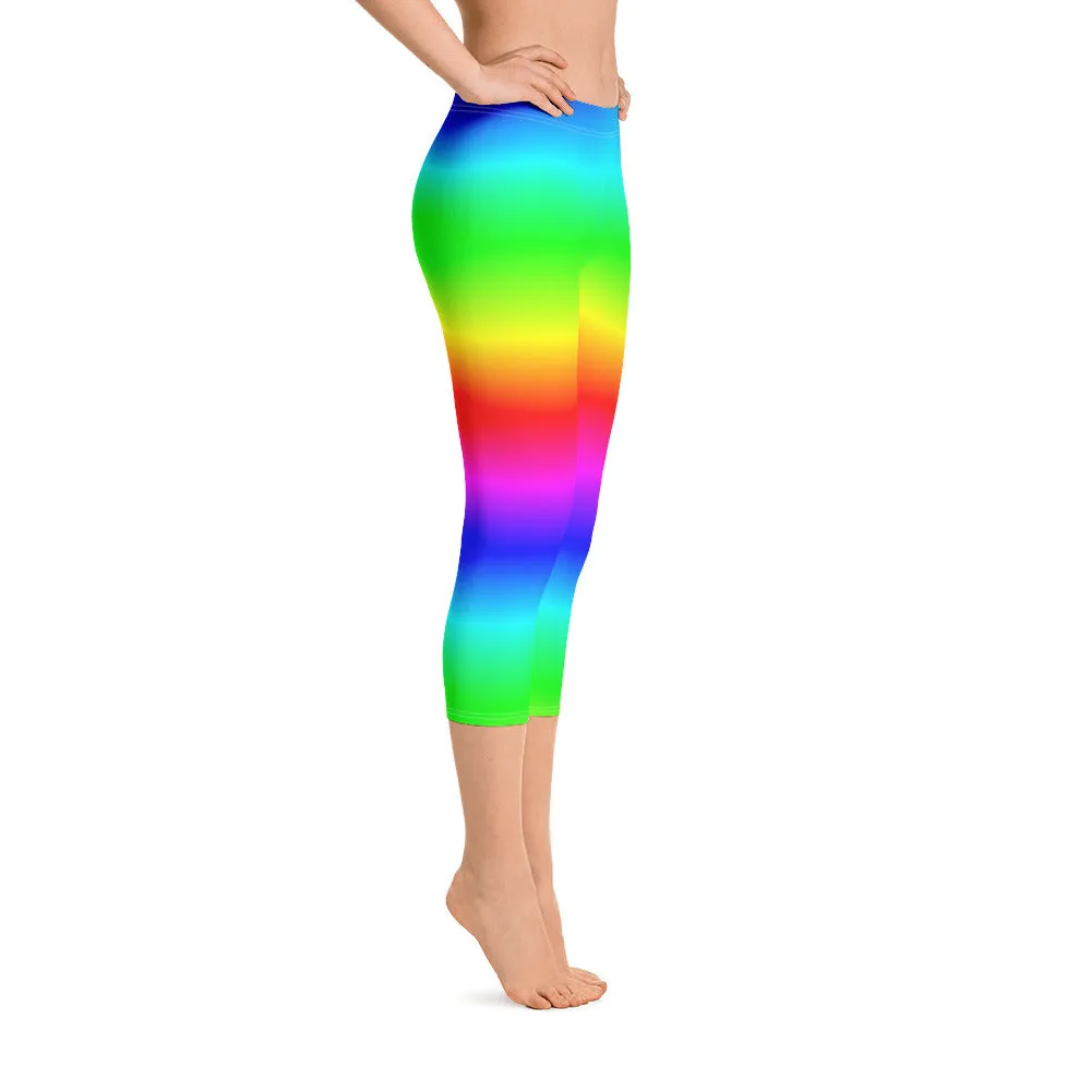 Neon Rainbow Capri Leggings, Tie Dye Kawaii Cropped Yoga Pants Printed Pride, Colorful Women Ombre Workout, Festival EDM