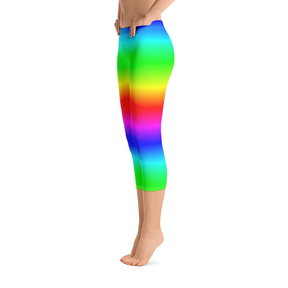 Neon Rainbow Capri Leggings, Tie Dye Kawaii Cropped Yoga Pants Printed Pride, Colorful Women Ombre Workout, Festival EDM