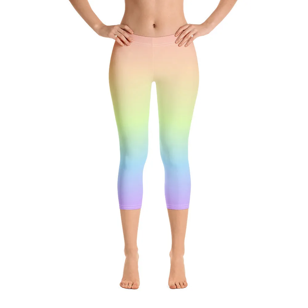 Pastel Rainbow Leggings, Tie Dye Leggings, Pastel Yoga Pants, Ombre Printed Leggings, Colorful Leggings for Women, Cropped workout Capri Leggings