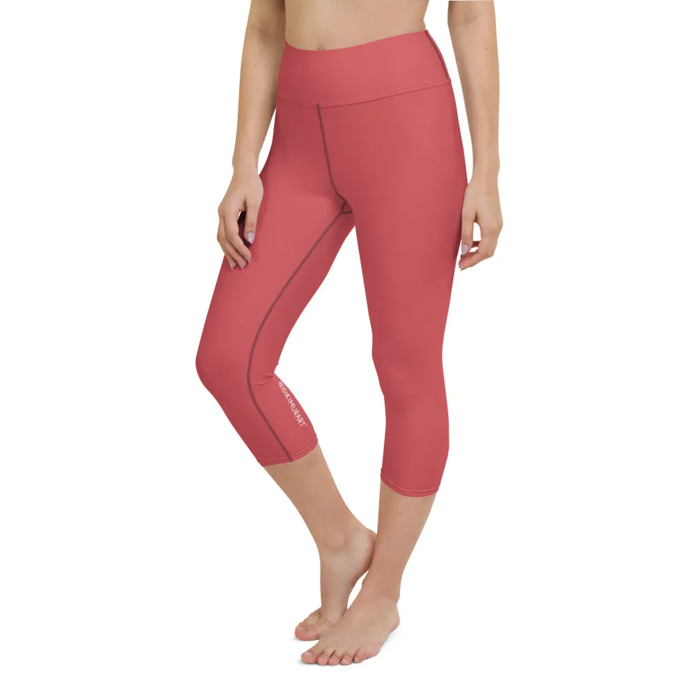 Peach Pink Yoga Capri Leggings, Solid Pink Color Women's Gym Workout Designer Tights - Made in USA/EU