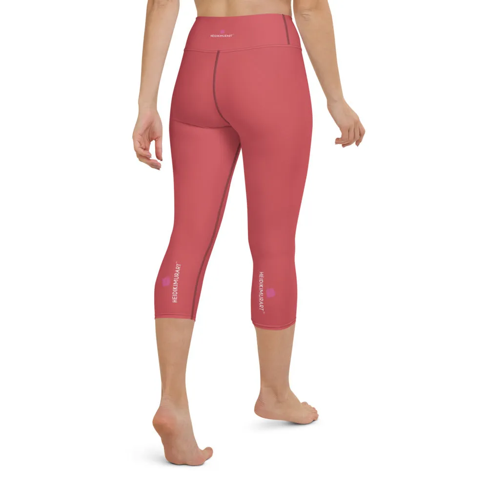 Peach Pink Yoga Capri Leggings, Solid Pink Color Women's Gym Workout Designer Tights - Made in USA/EU