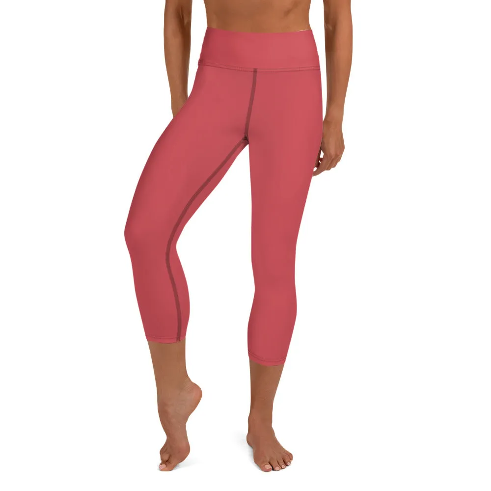 Peach Pink Yoga Capri Leggings, Solid Pink Color Women's Gym Workout Designer Tights - Made in USA/EU