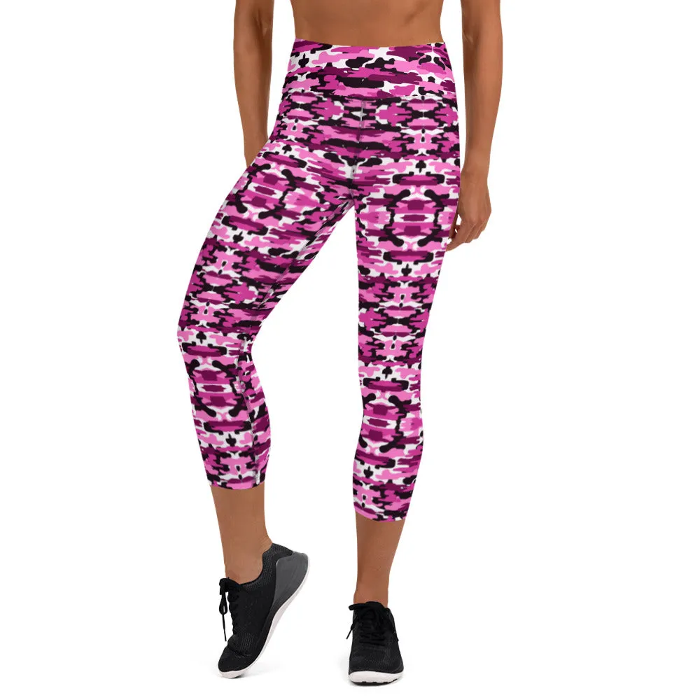 Pink Camo Yoga Capri Leggings, Camouflaged Women's Capris Tights For Women-Made in USA/EU