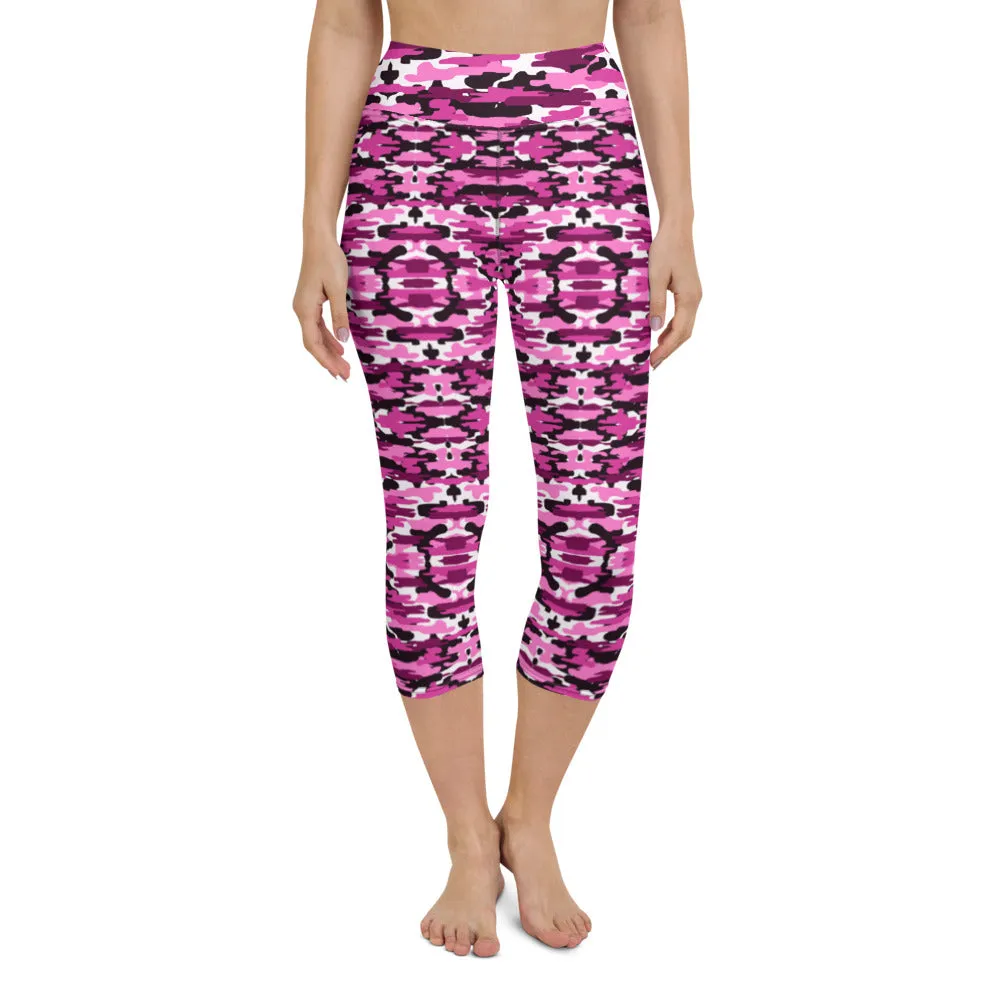 Pink Camo Yoga Capri Leggings, Camouflaged Women's Capris Tights For Women-Made in USA/EU