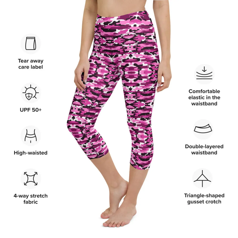 Pink Camo Yoga Capri Leggings, Camouflaged Women's Capris Tights For Women-Made in USA/EU