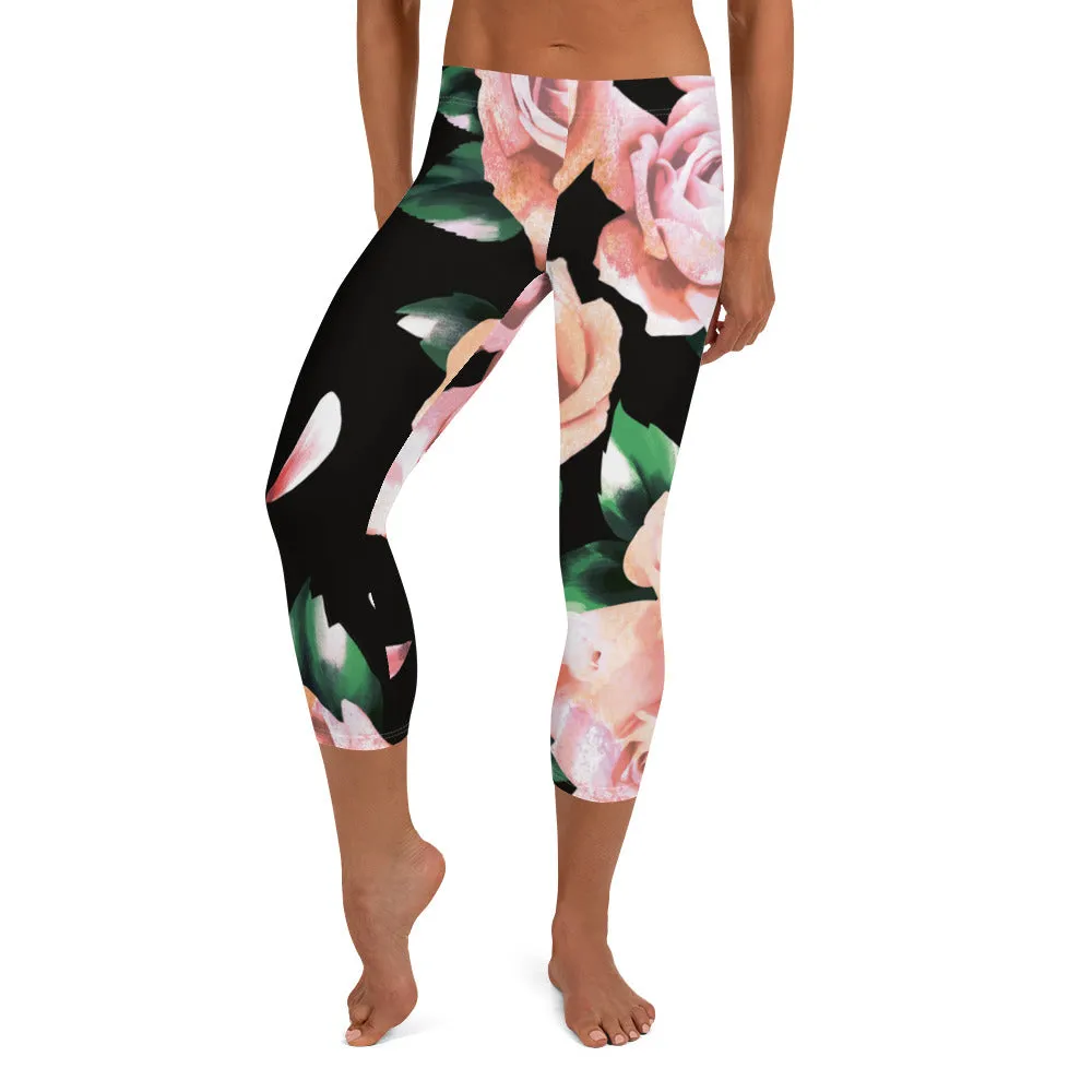 Pink Rose Floral Capri Leggings, Classic Elegant Rose Black Casual Flower Tights For Ladies - Made in USA/EU/MX