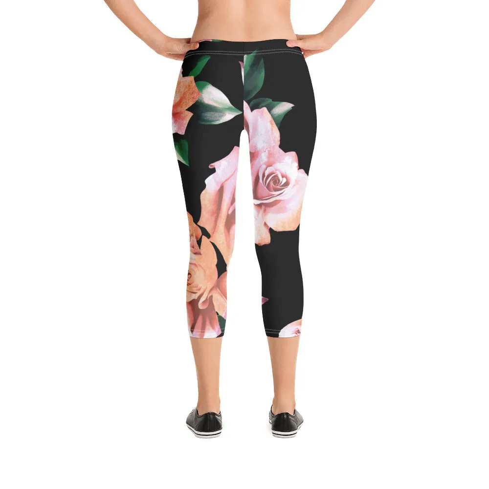 Pink Rose Floral Capri Leggings, Classic Elegant Rose Black Casual Flower Tights For Ladies - Made in USA/EU/MX