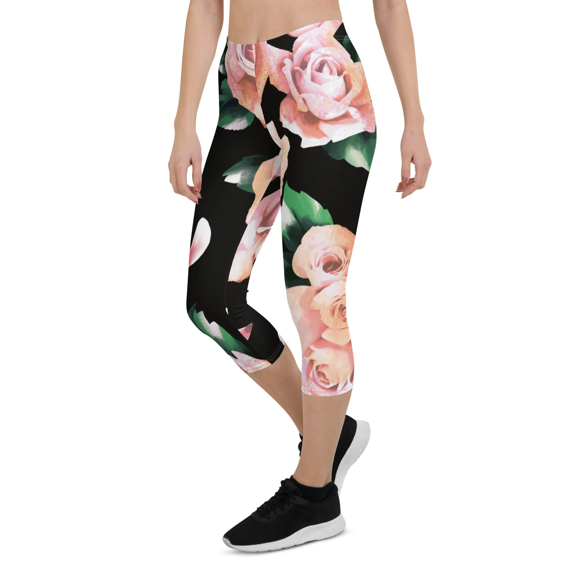 Pink Rose Floral Capri Leggings, Classic Elegant Rose Black Casual Flower Tights For Ladies - Made in USA/EU/MX