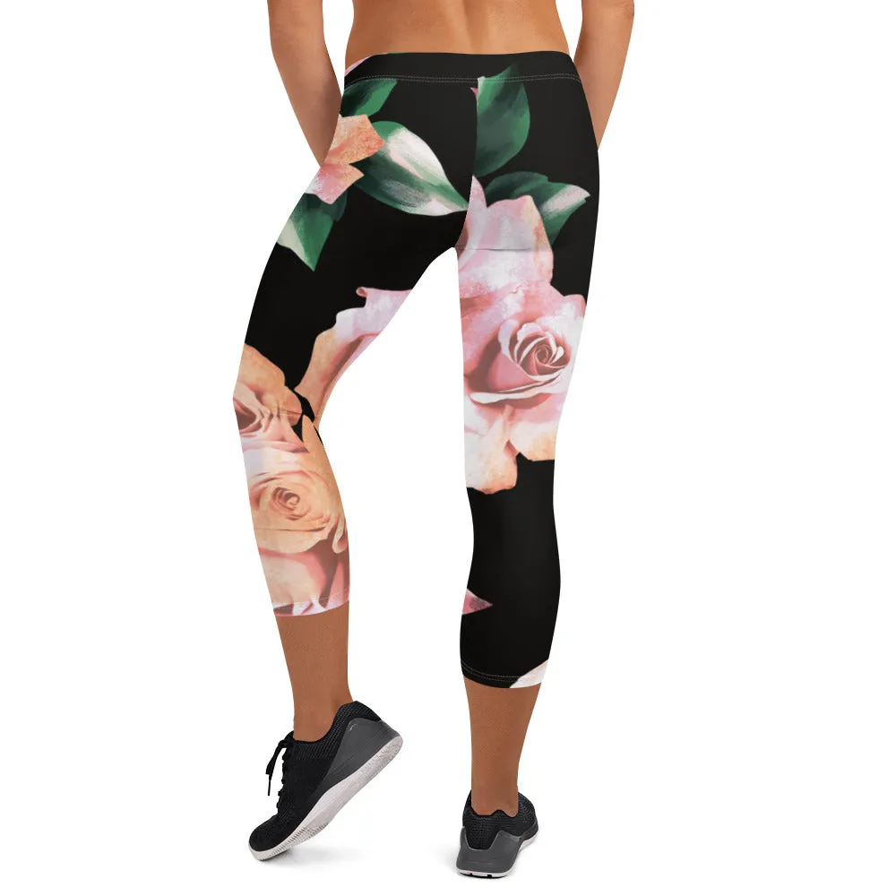 Pink Rose Floral Capri Leggings, Classic Elegant Rose Black Casual Flower Tights For Ladies - Made in USA/EU/MX