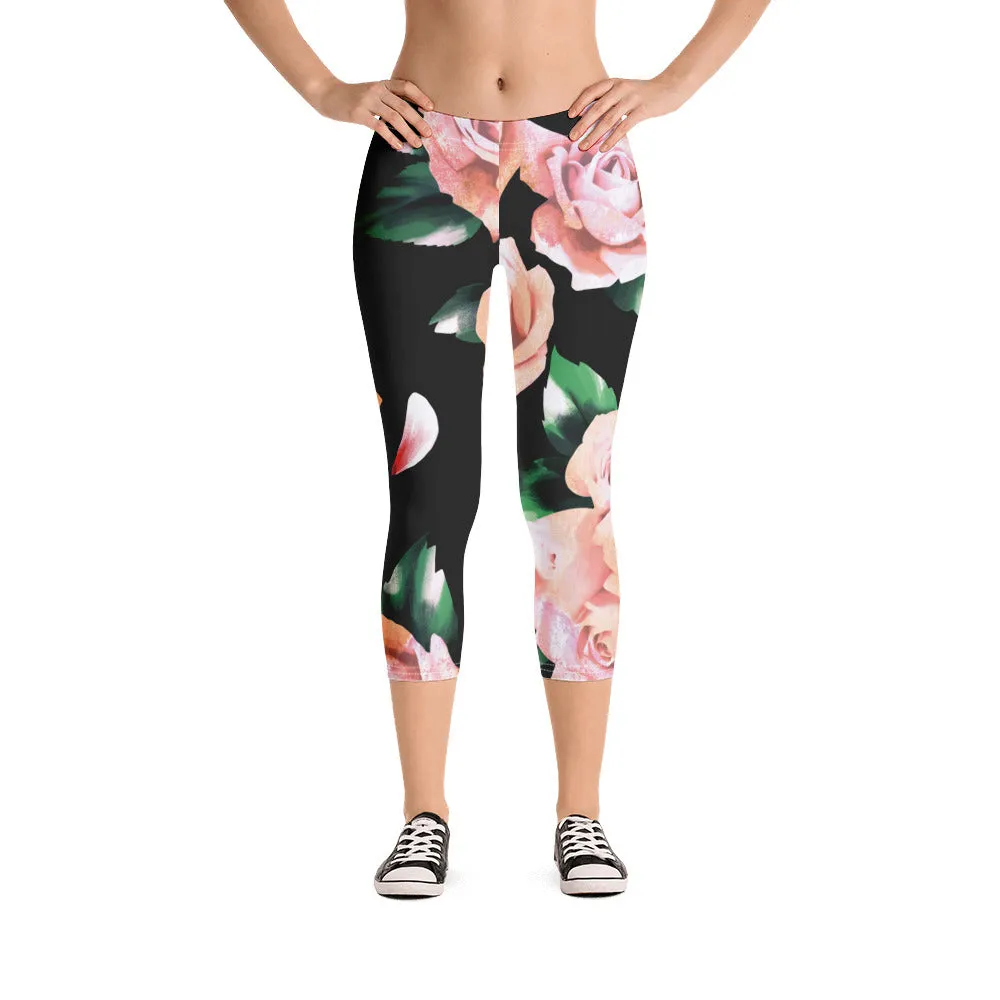 Pink Rose Floral Capri Leggings, Classic Elegant Rose Black Casual Flower Tights For Ladies - Made in USA/EU/MX