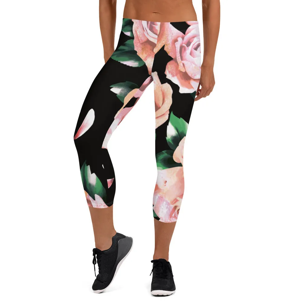 Pink Rose Floral Capri Leggings, Classic Elegant Rose Black Casual Flower Tights For Ladies - Made in USA/EU/MX