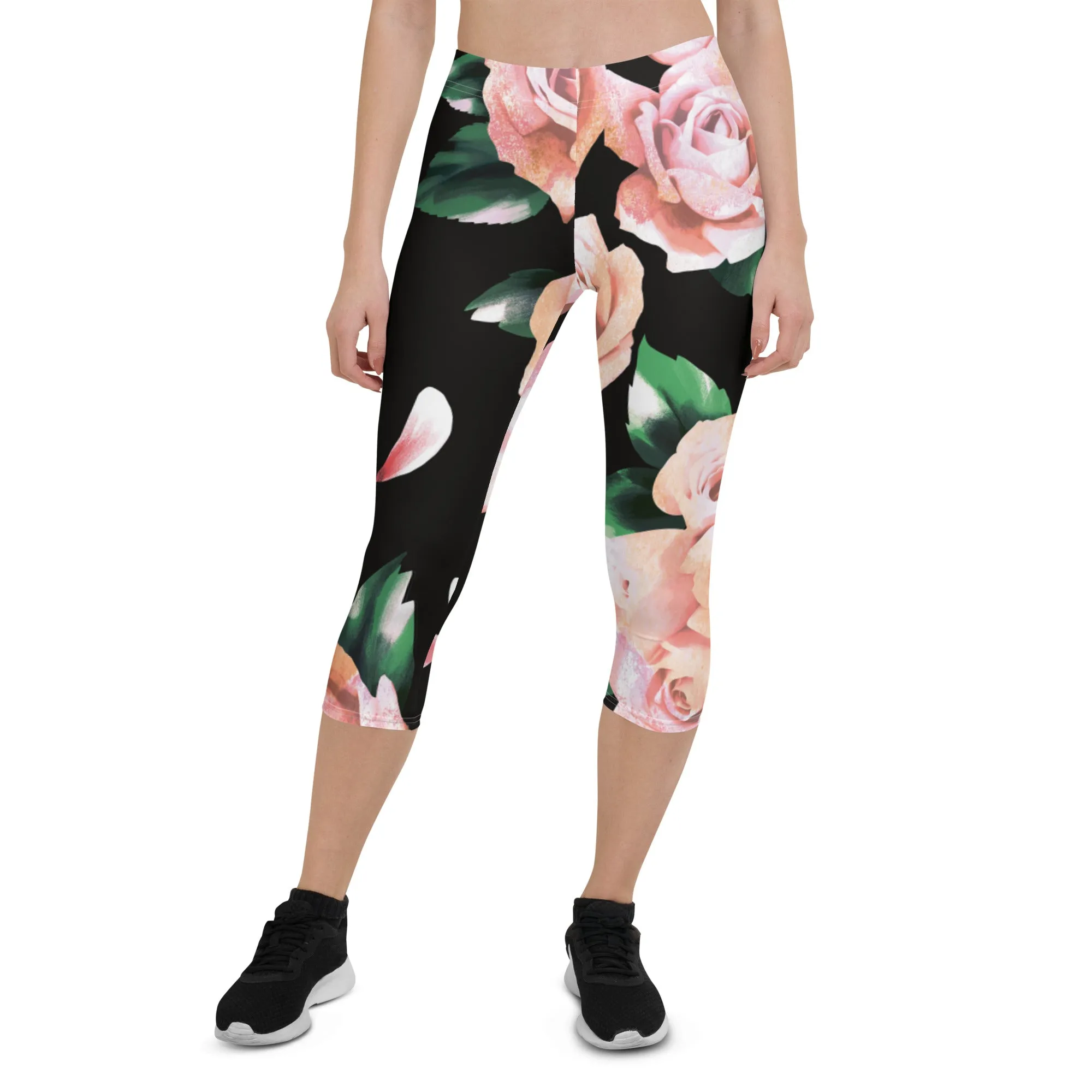 Pink Rose Floral Capri Leggings, Classic Elegant Rose Black Casual Flower Tights For Ladies - Made in USA/EU/MX