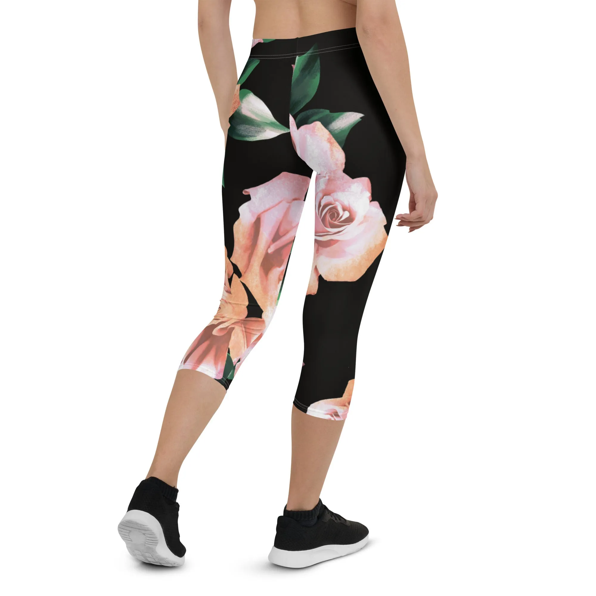 Pink Rose Floral Capri Leggings, Classic Elegant Rose Black Casual Flower Tights For Ladies - Made in USA/EU/MX