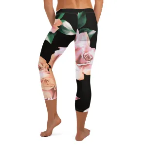 Pink Rose Floral Capri Leggings, Classic Elegant Rose Black Casual Flower Tights For Ladies - Made in USA/EU/MX