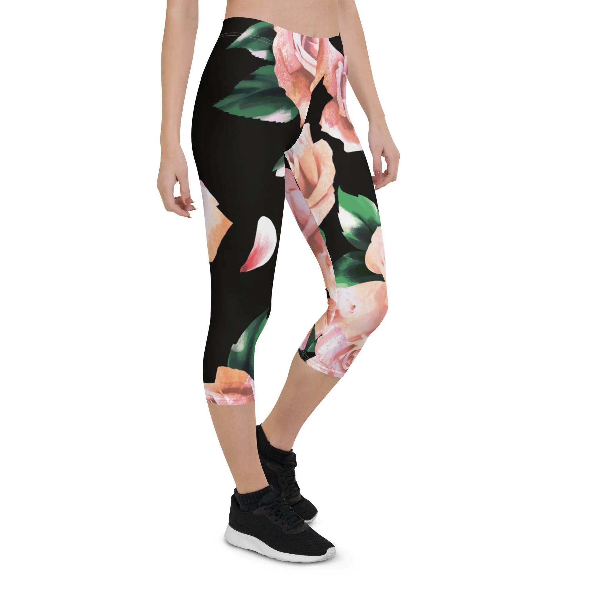 Pink Rose Floral Capri Leggings, Classic Elegant Rose Black Casual Flower Tights For Ladies - Made in USA/EU/MX