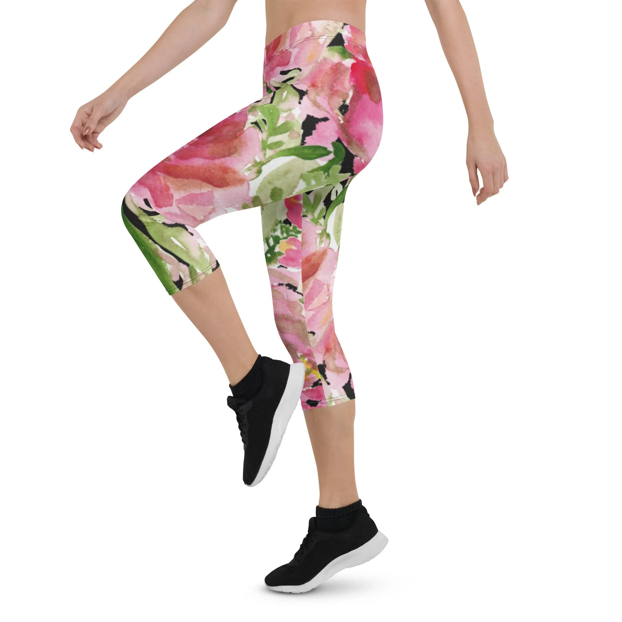 Pink Rose Floral Capris Tights, Designer Women's Fashion Casual Capri Leggings - Made in USA