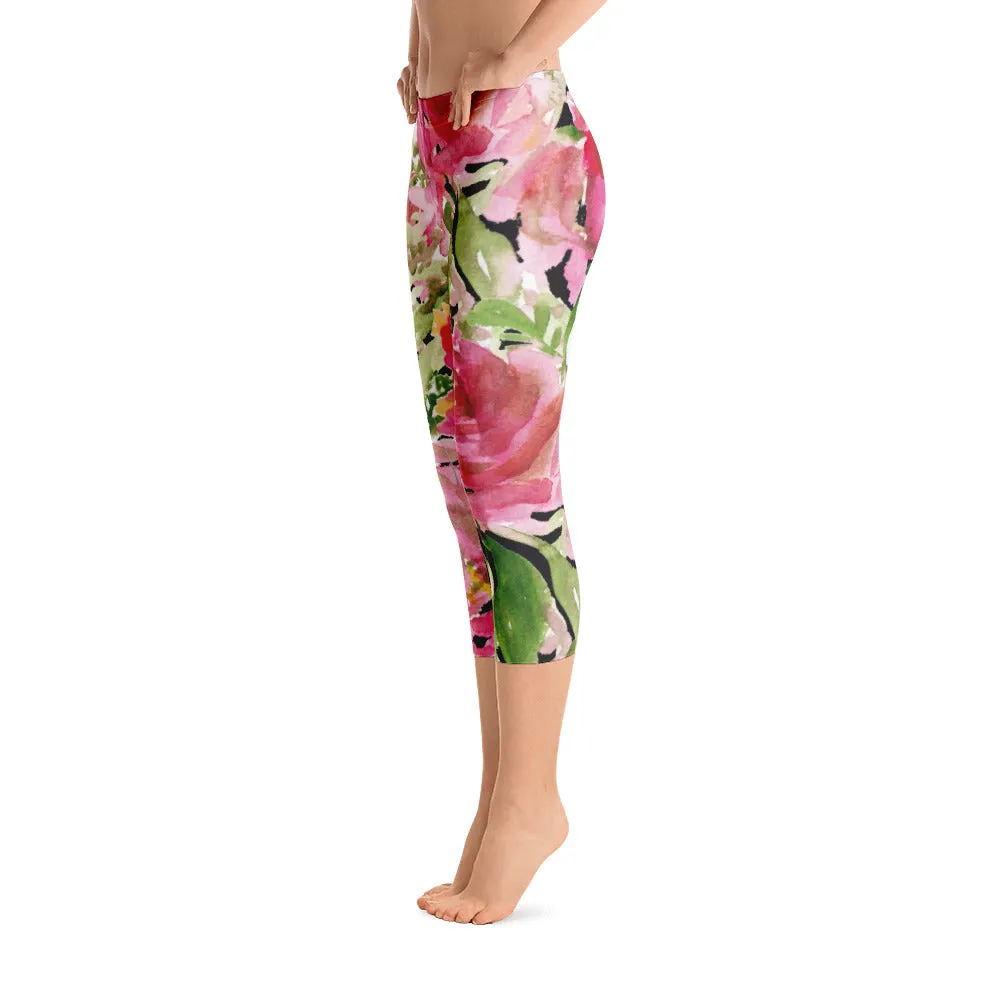 Pink Rose Floral Capris Tights, Designer Women's Fashion Casual Capri Leggings - Made in USA