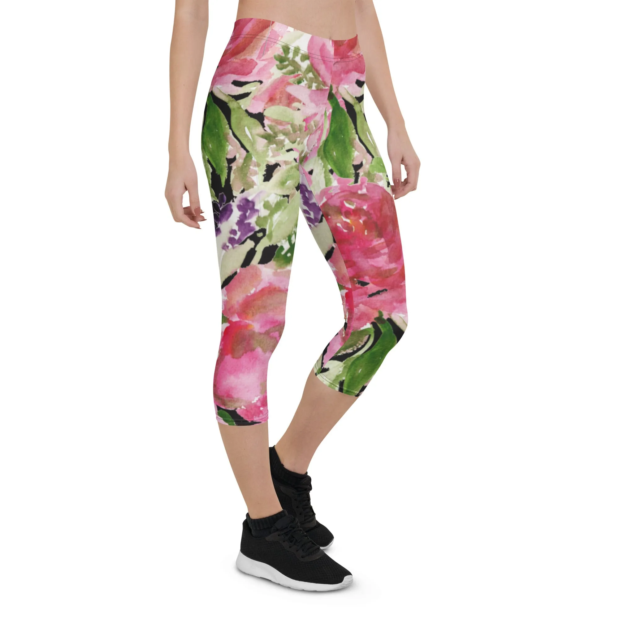 Pink Rose Floral Capris Tights, Designer Women's Fashion Casual Capri Leggings - Made in USA