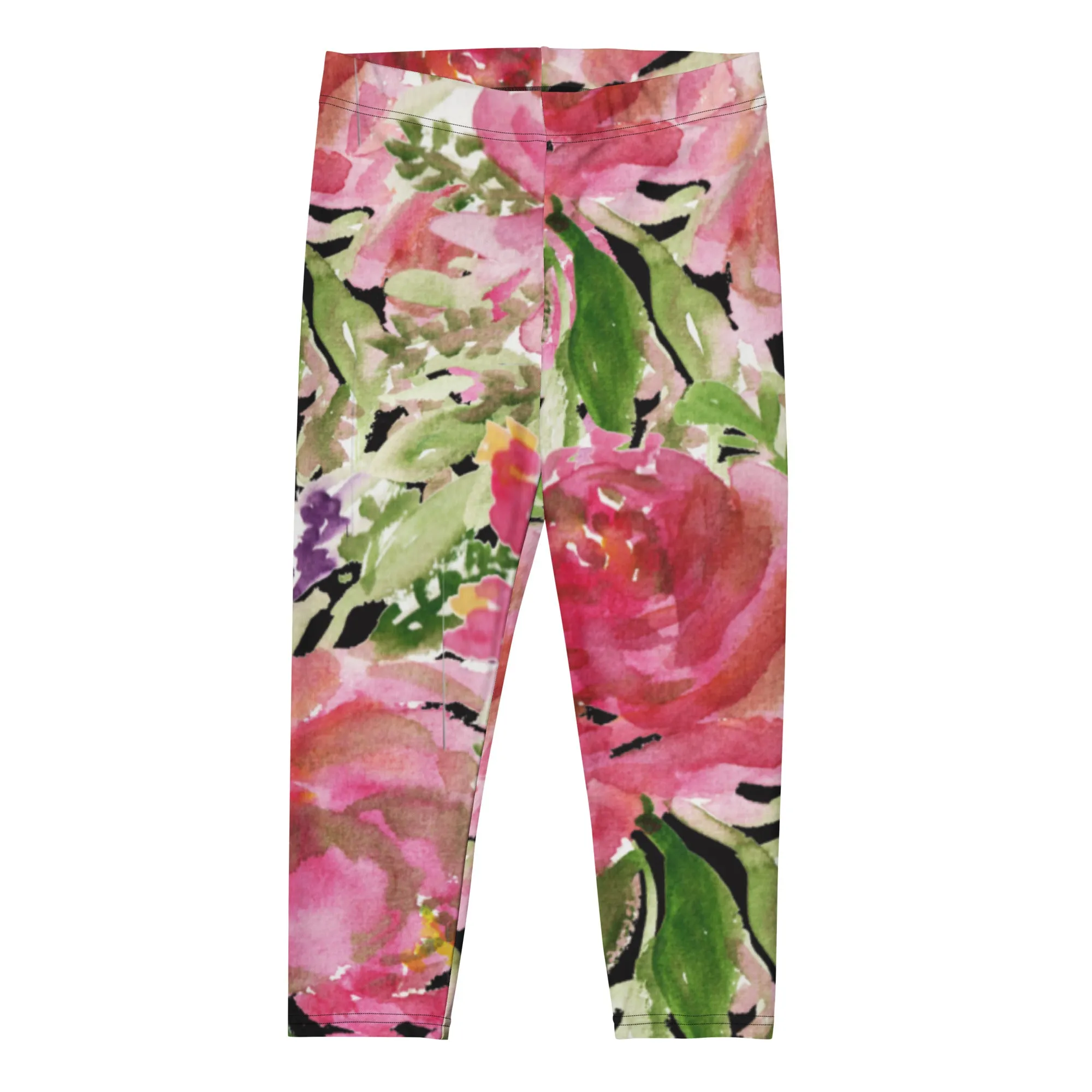 Pink Rose Floral Capris Tights, Designer Women's Fashion Casual Capri Leggings - Made in USA