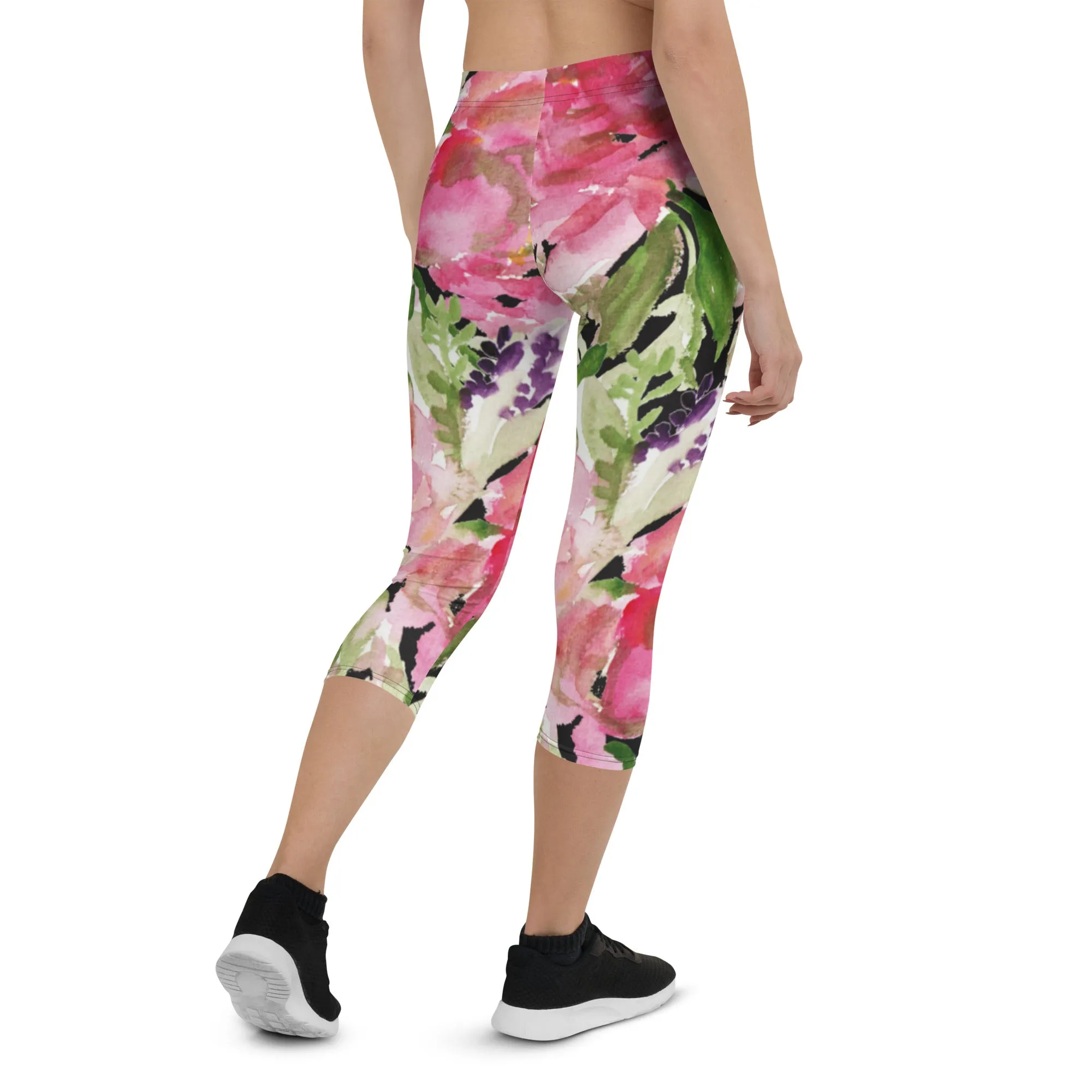 Pink Rose Floral Capris Tights, Designer Women's Fashion Casual Capri Leggings - Made in USA