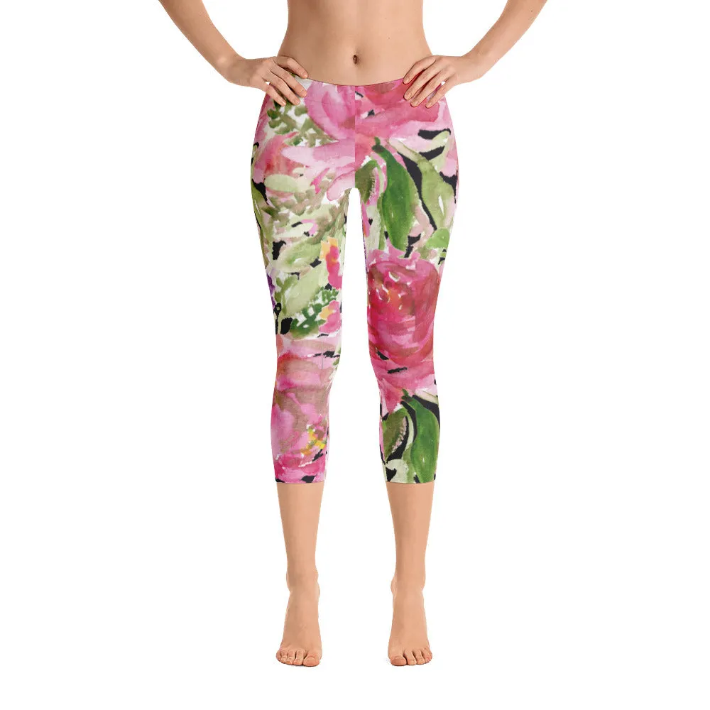 Pink Rose Floral Capris Tights, Designer Women's Fashion Casual Capri Leggings - Made in USA