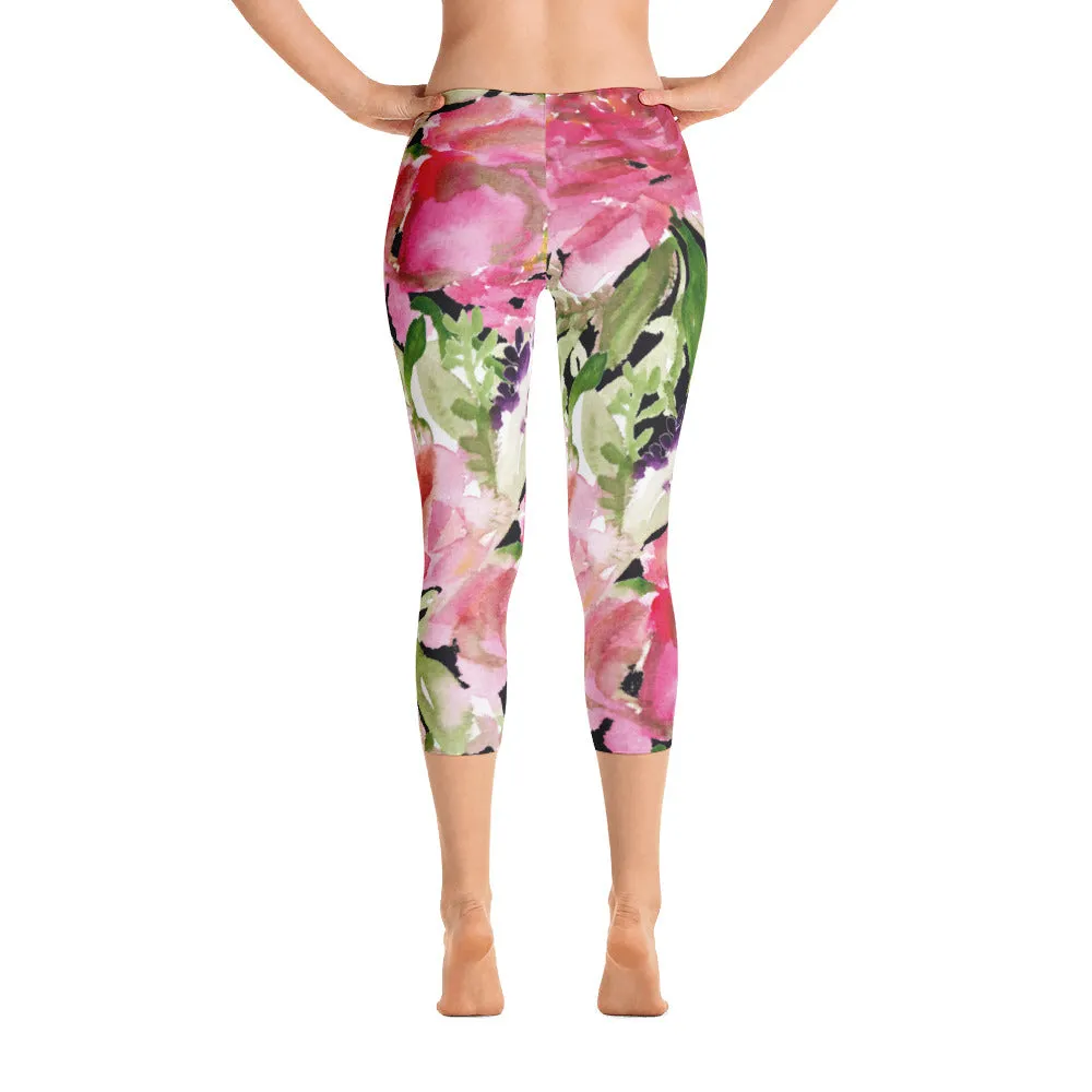 Pink Rose Floral Capris Tights, Designer Women's Fashion Casual Capri Leggings - Made in USA