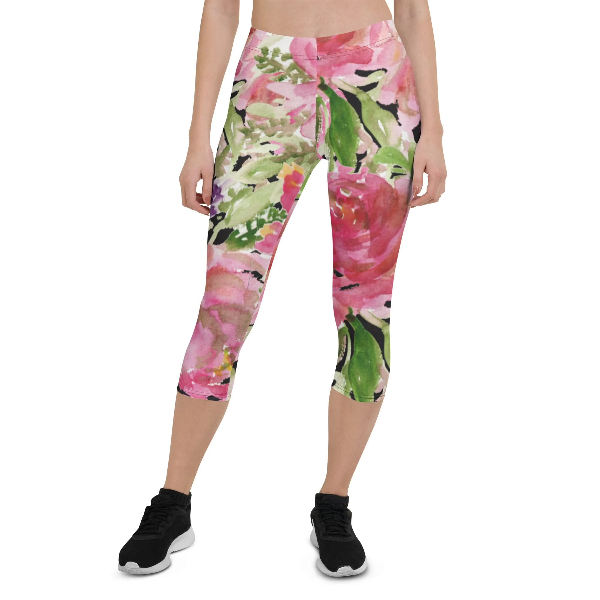 Pink Rose Floral Capris Tights, Designer Women's Fashion Casual Capri Leggings - Made in USA