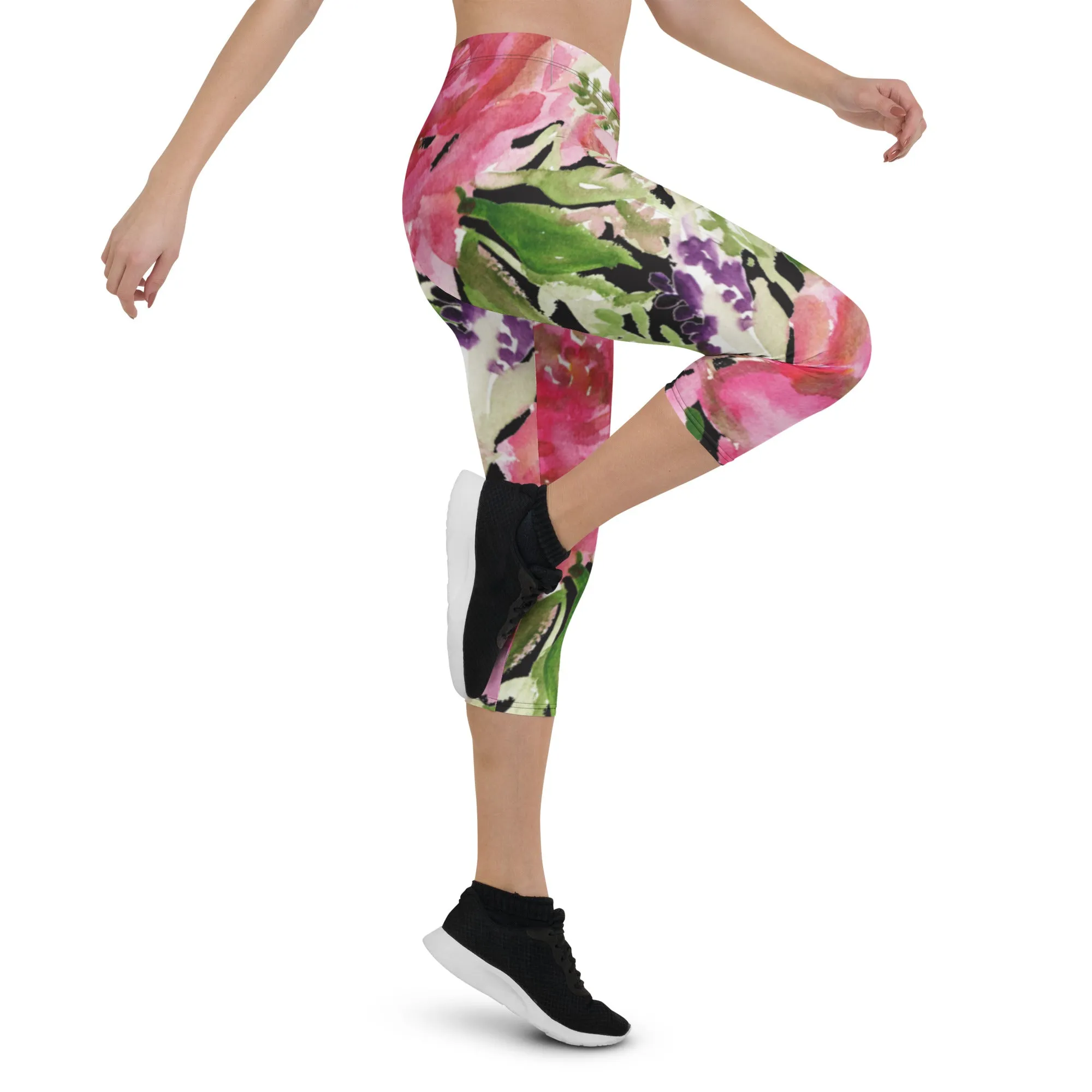 Pink Rose Floral Capris Tights, Designer Women's Fashion Casual Capri Leggings - Made in USA