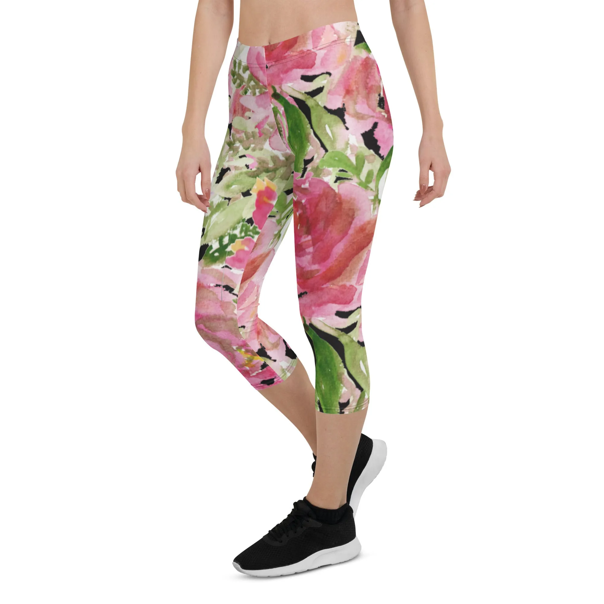 Pink Rose Floral Capris Tights, Designer Women's Fashion Casual Capri Leggings - Made in USA