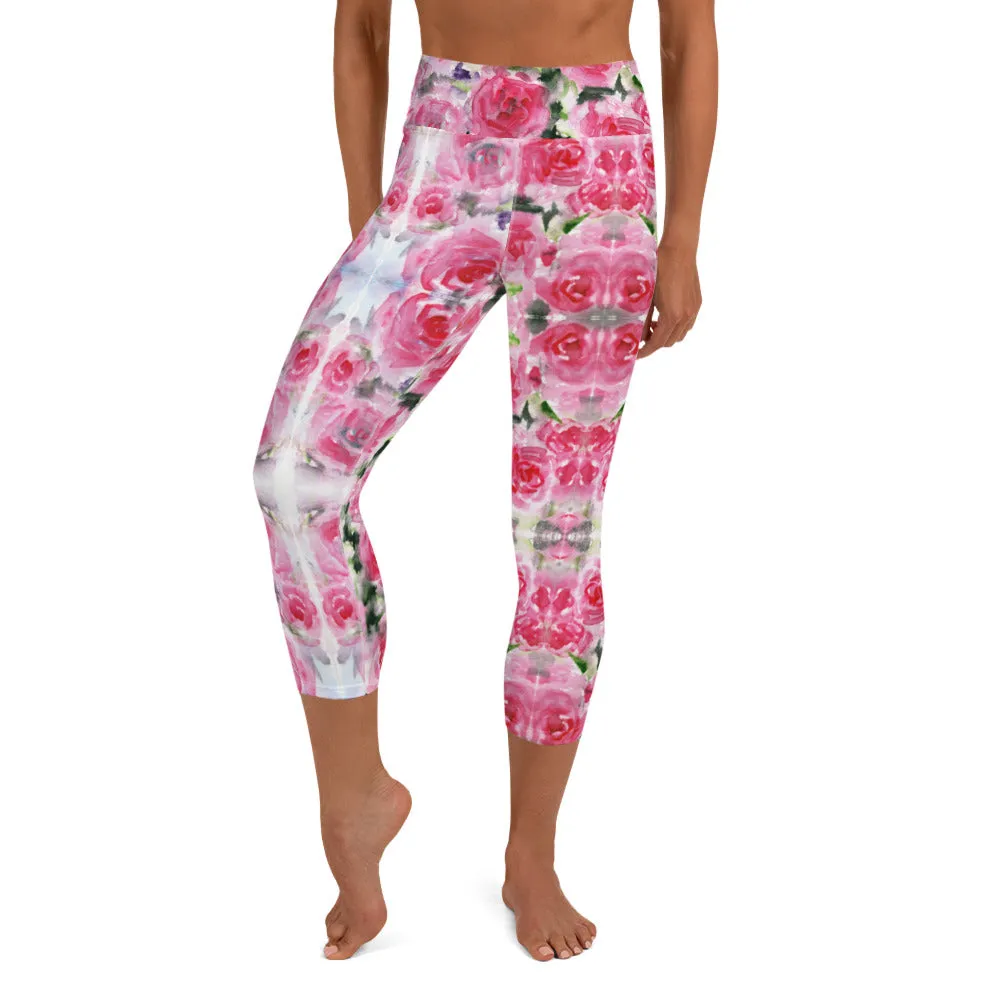 Pink Rose Yoga Capri Leggings, Floral Print Best Women's Capris Tights-Made in USA/EU/MX