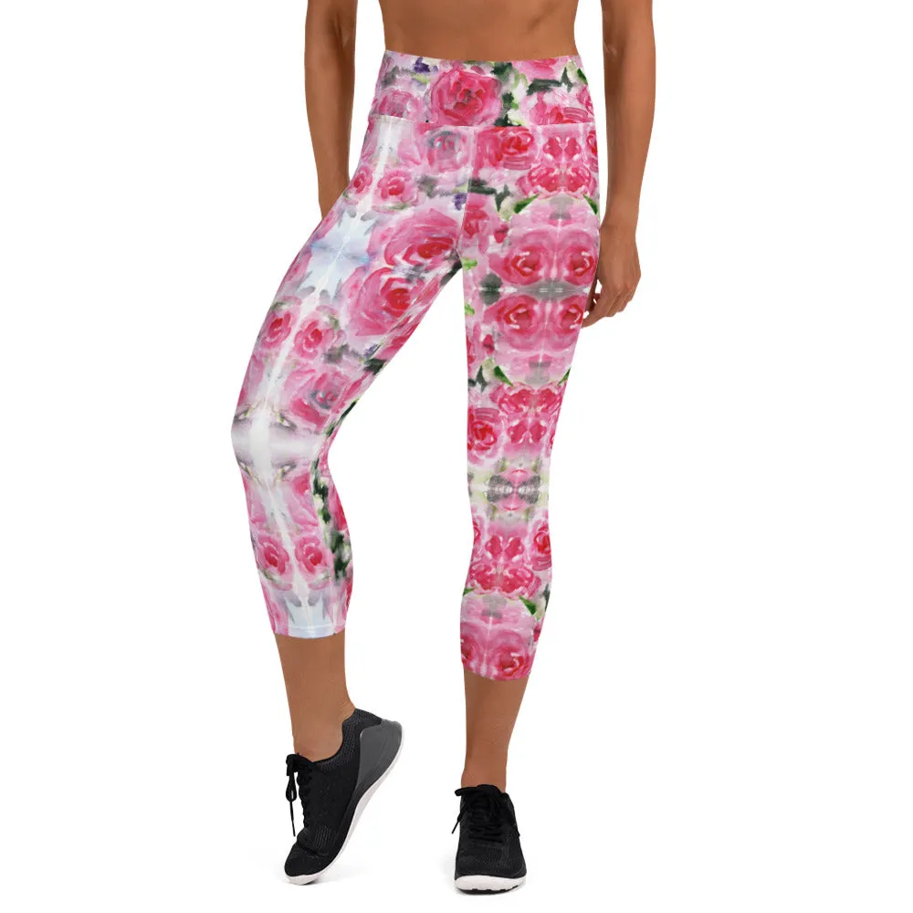 Pink Rose Yoga Capri Leggings, Floral Print Best Women's Capris Tights-Made in USA/EU/MX