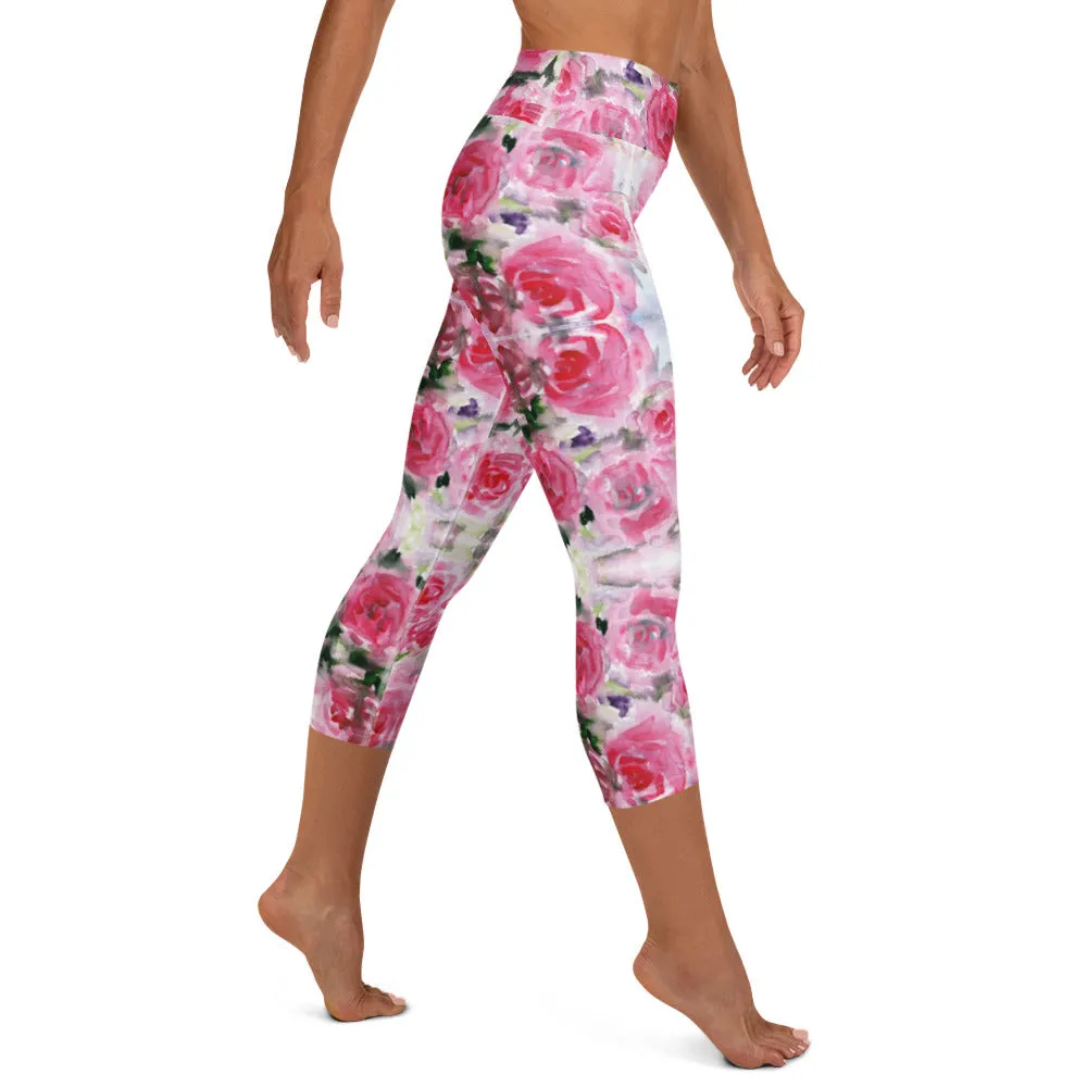 Pink Rose Yoga Capri Leggings, Floral Print Best Women's Capris Tights-Made in USA/EU/MX