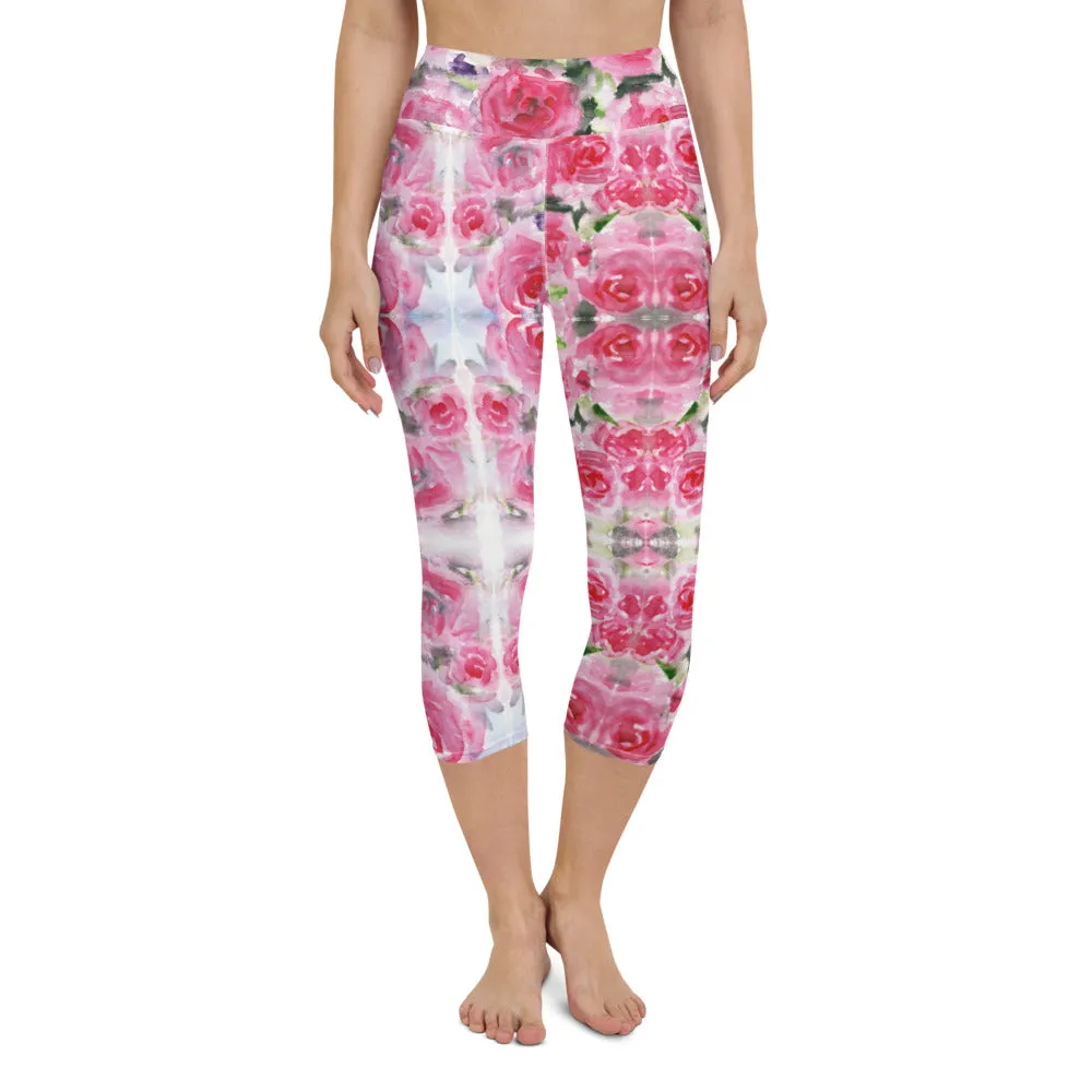 Pink Rose Yoga Capri Leggings, Floral Print Best Women's Capris Tights-Made in USA/EU/MX