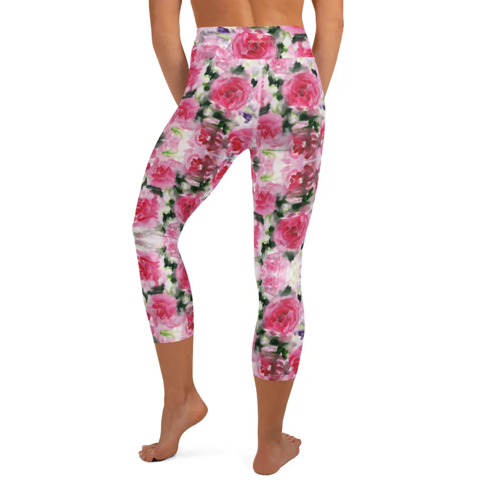 Pink Rose Yoga Capri Leggings, Floral Print Best Women's Capris Tights-Made in USA/EU/MX