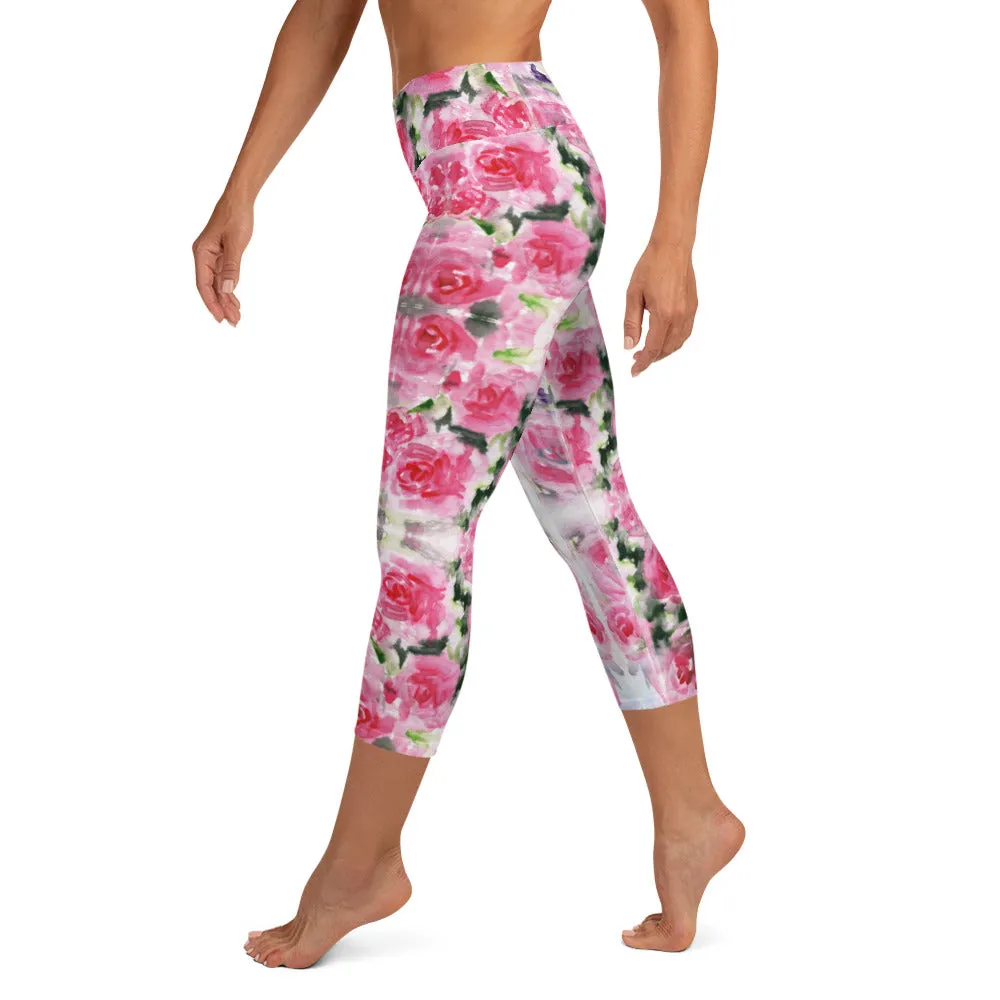 Pink Rose Yoga Capri Leggings, Floral Print Best Women's Capris Tights-Made in USA/EU/MX