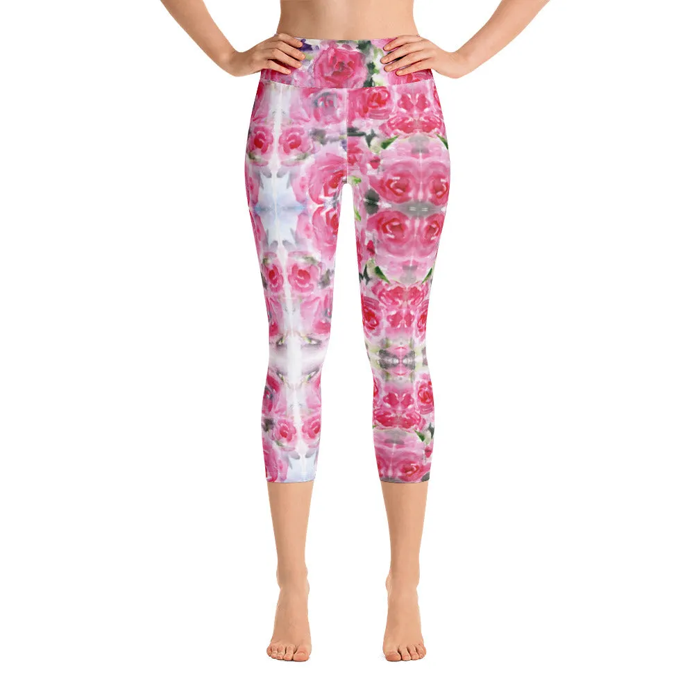 Pink Rose Yoga Capri Leggings, Floral Print Best Women's Capris Tights-Made in USA/EU/MX