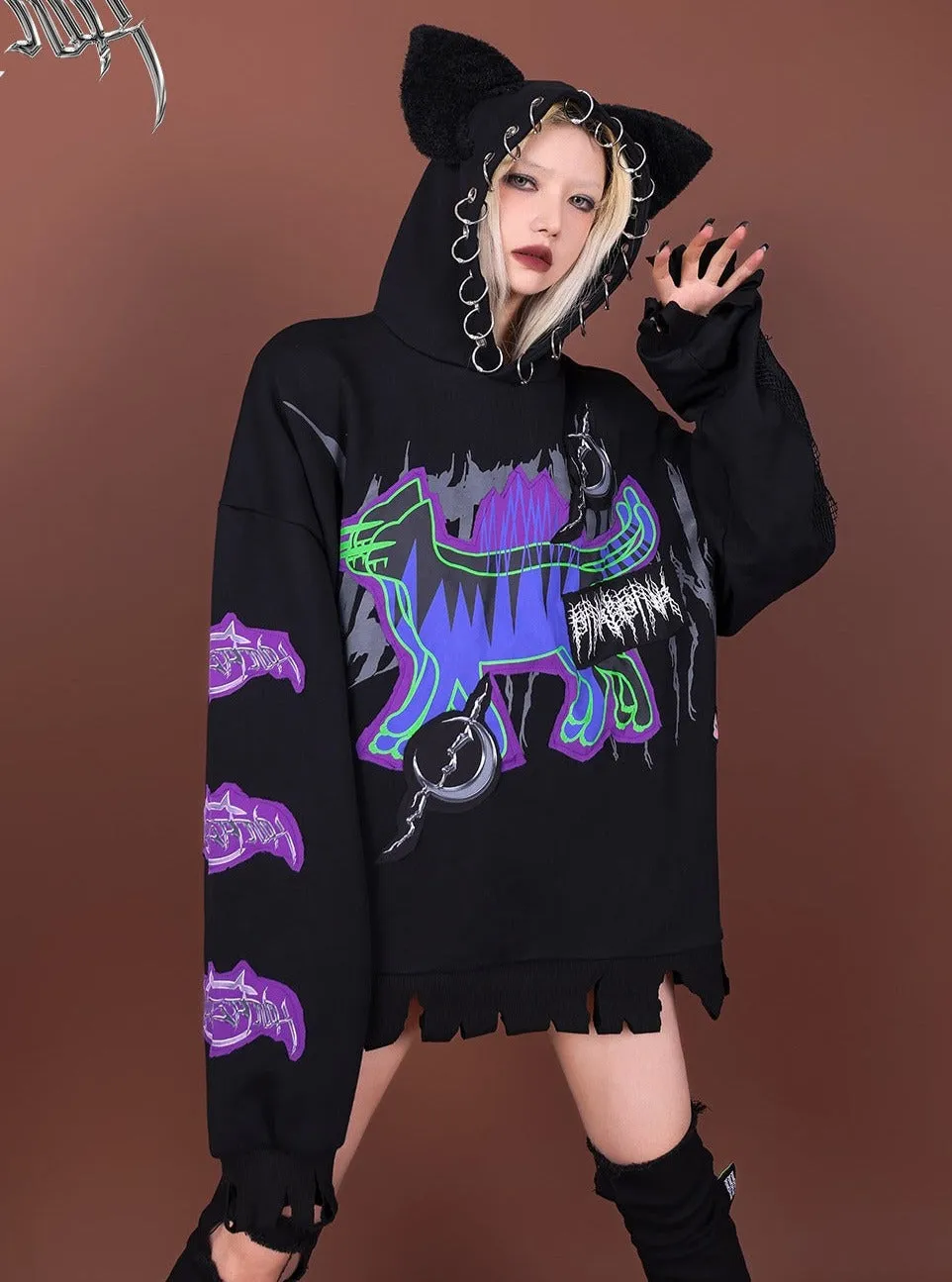 PINKSPINK Cat-Eared Neon Skeleton Hoodie - Black